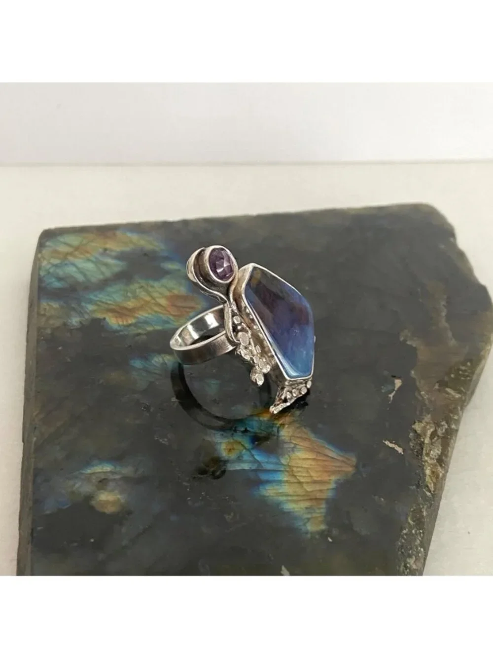 Sterling Silver 925 Brutalist Modernist Amethyst & Agate Ring Adjustable 7.5 - 8